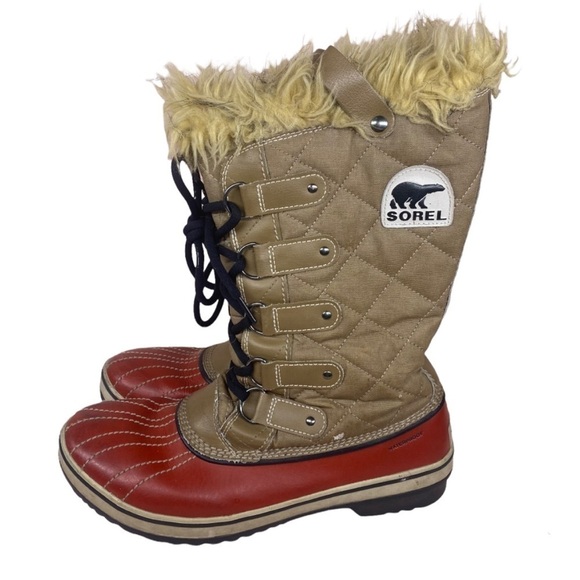 Sorel Tan Red Winter Fur Lined Snow Boots - Picture 3 of 6